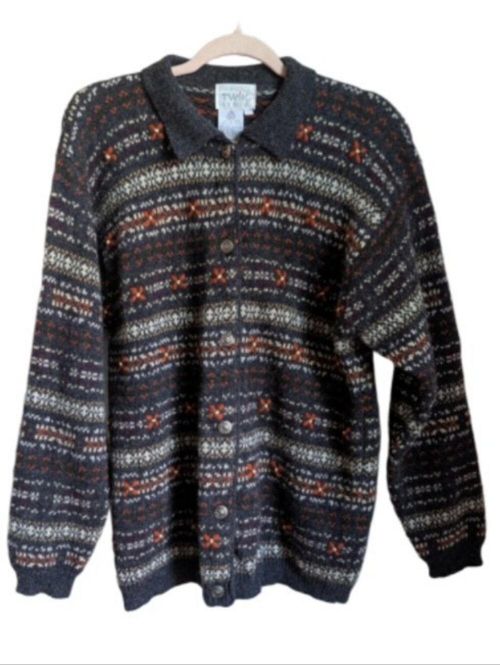 VINTAGE Dark Gray Fair Isle Button-Up Shetland Wool Knit Cardigan Size Large